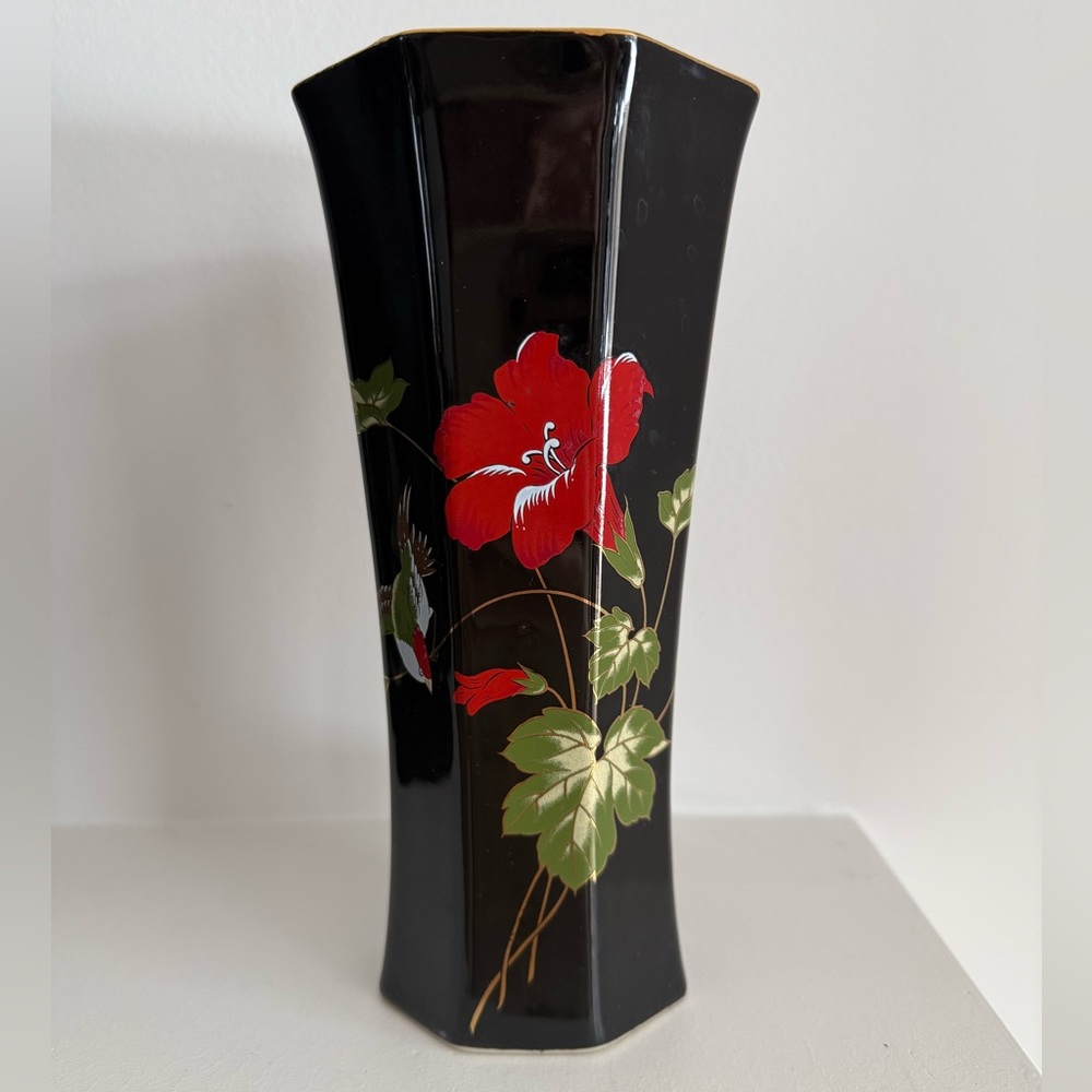 Black Ceramic Vase with Red Floral Design